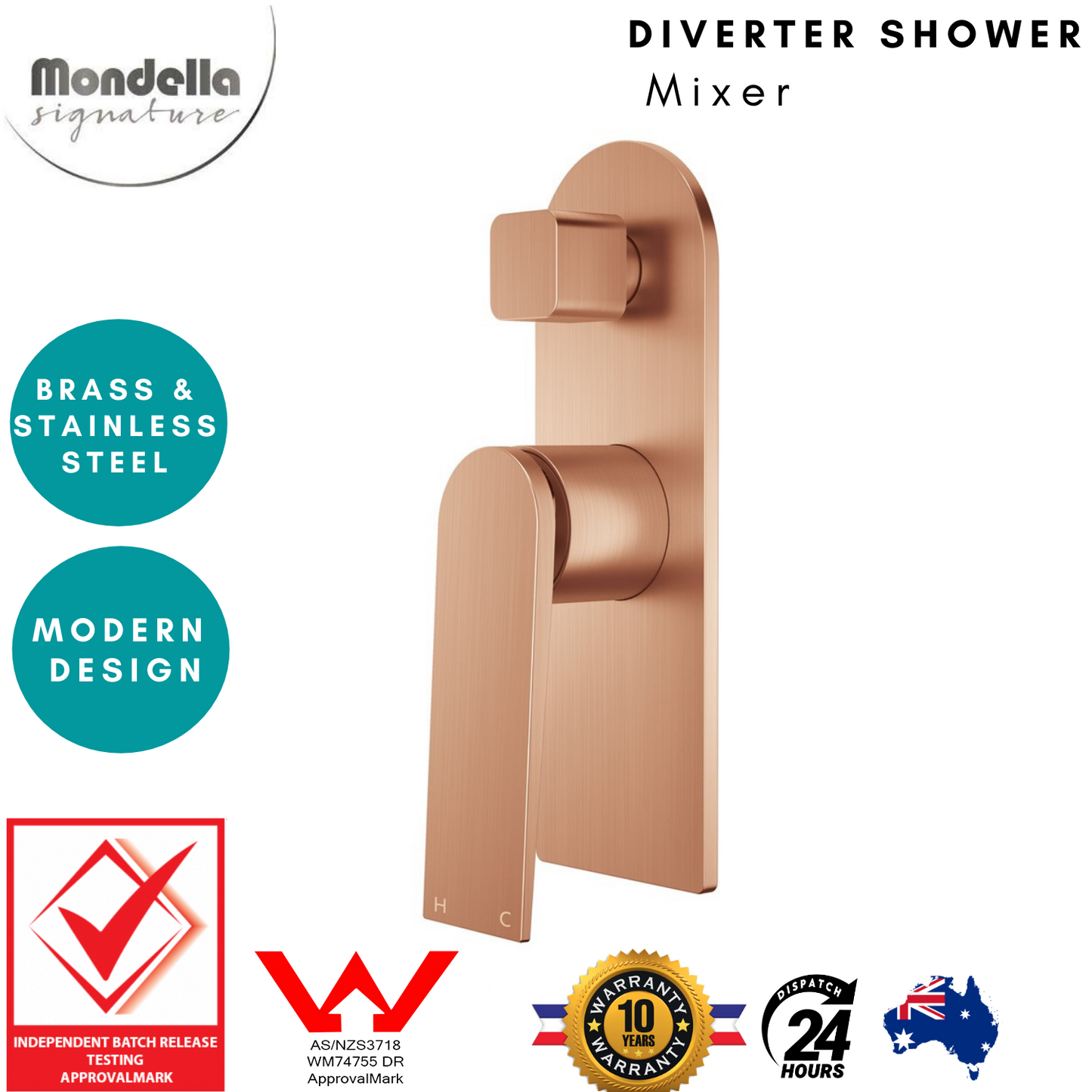 Mondella Signature Diverter Shower BathroomWall Mixer Tapware Brushed Rose Gold