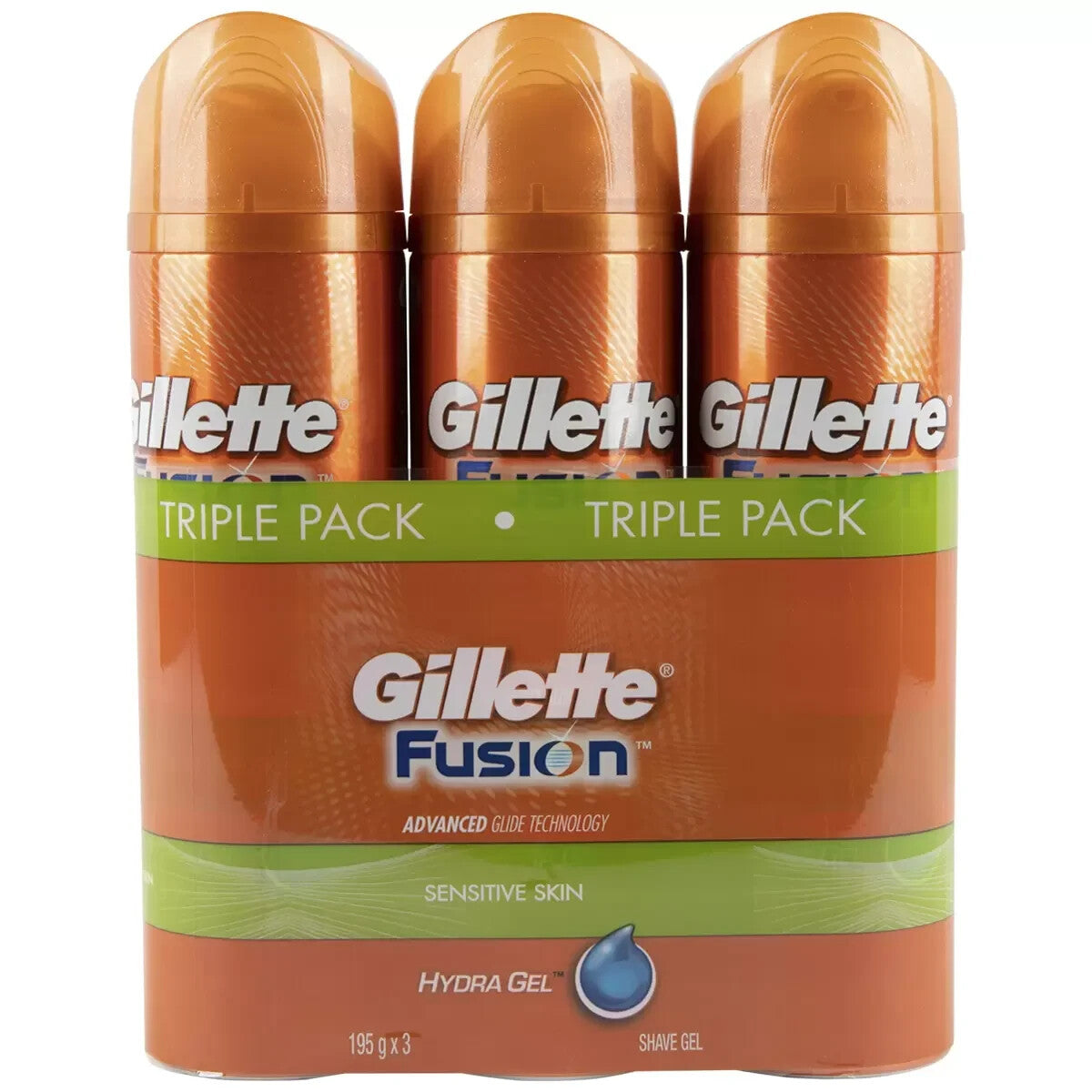3 x Gillette Fusion Shaver Gel Hydra Sensitive Skin  Mens Shaving 195g