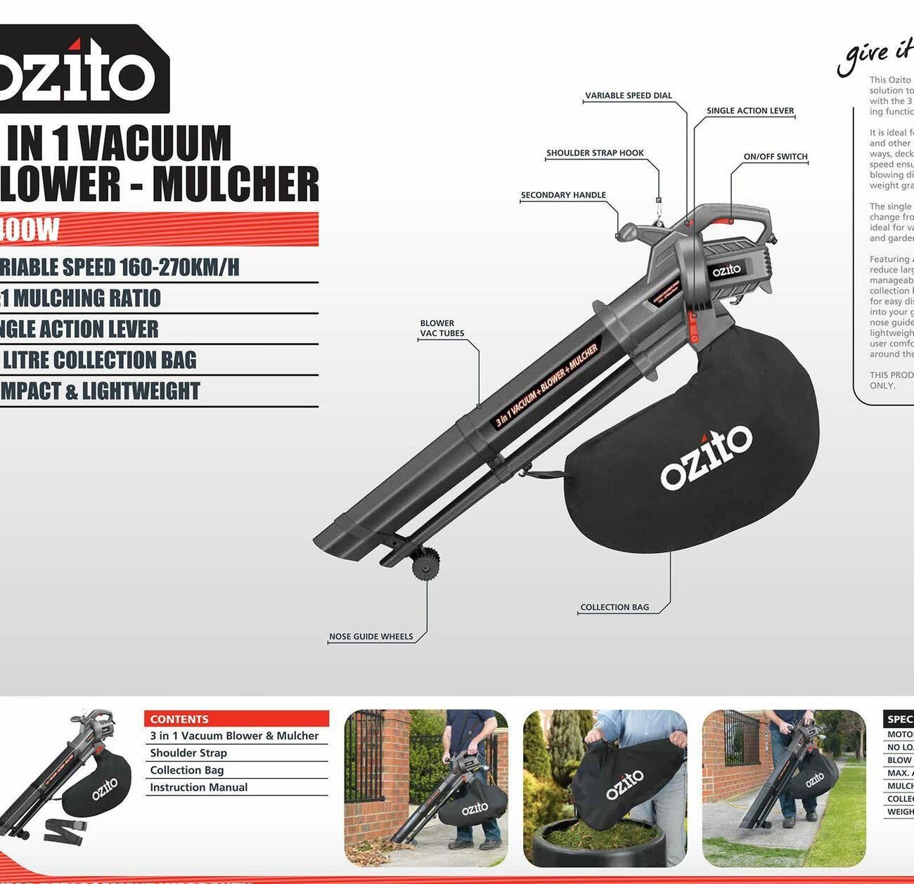 Ozito Blower Vacuum Mulcher 2400W Variable Speed 40L Bag Compact 3 In 1 Electric