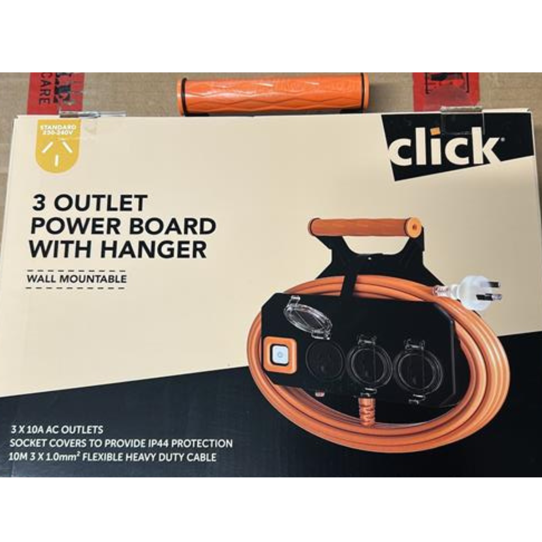 Click 3 Outlet Power Board with Carry Handle Portable Wall Mounted  10m Cord