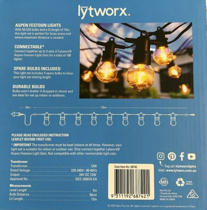 Lytworx 15m Christmas Lights Aspen Festoon Connectable Warm White 50 Bulbs