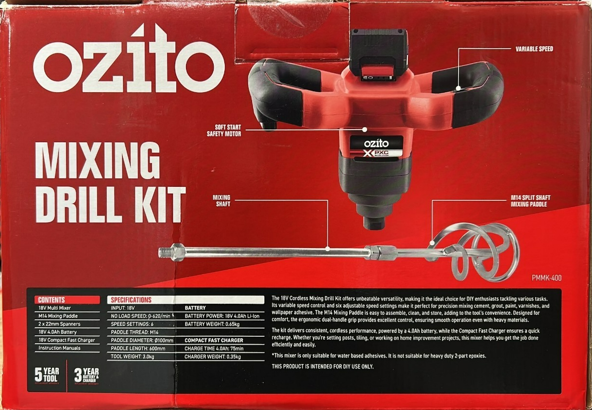 Ozito PXC Cordless Mixing Drill 4.0Ah Battery Fast Charger Kit Set 18V