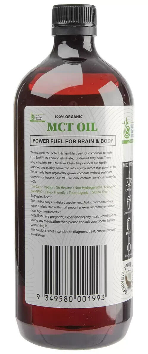 Coco Earth MCT Oil Organic 100% Unflavored Coconut Dietary Supplement 1L