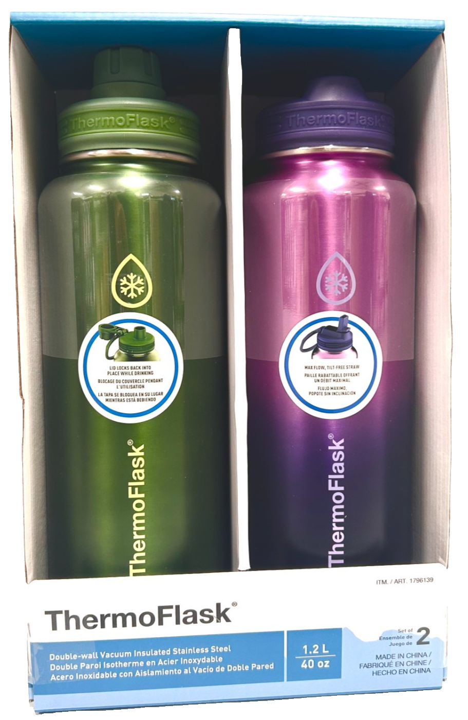 2x ThermoFlask Insulated Water Bottle Stainless Steel Double Wall Vacuum 1.2L