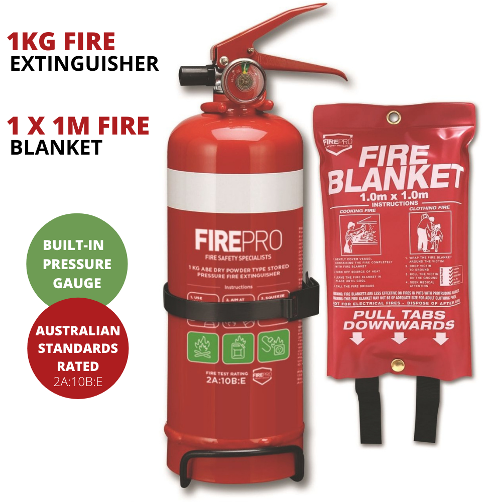 FirePro Fire Extinguisher 1kg + Blanket 1m x 1m Kit Home Car Caravan Boat