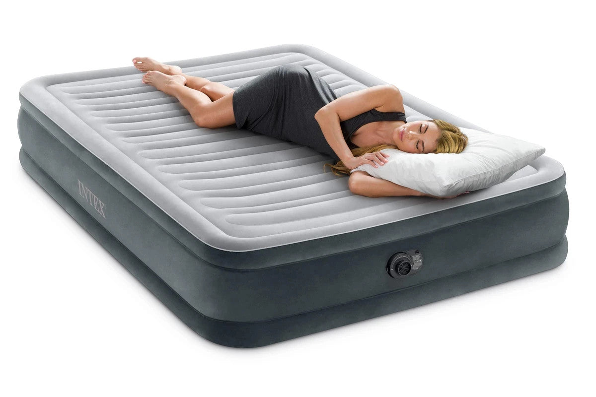 Intex Double Air Bed Deluxe Inflatable Camping Mattress Inbuilt Pump 33cm