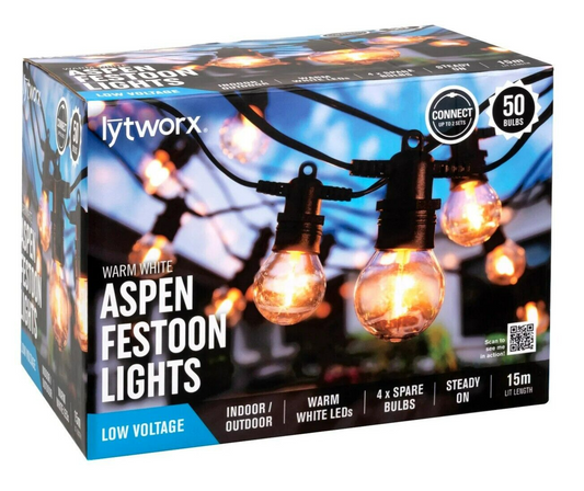 Lytworx 15m Christmas Lights Aspen Festoon Connectable Warm White 50 Bulbs