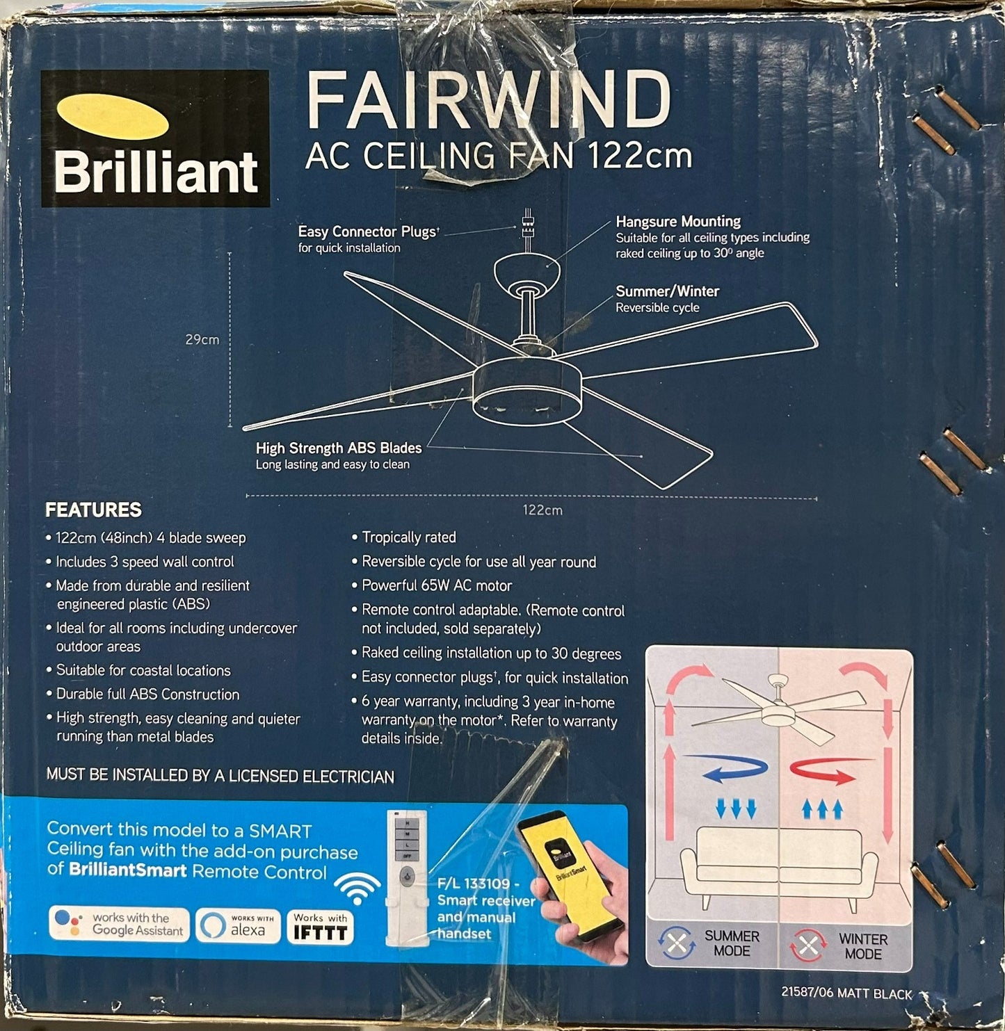 Brilliant Ceiling Fan 48" Reversible 4 Blade Black Matte 3 Speed Fairwind