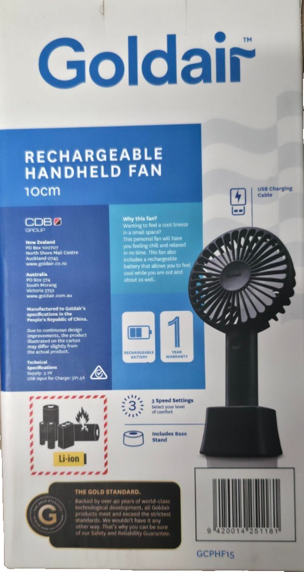 Goldair 10cm Rechargeable Personal Handheld Fan Mini Portable USB 3 Speed Black