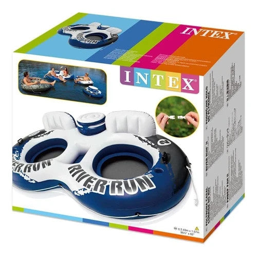 Intex River Run 2 Person Inflatable Lounge Floating Tube Float with Drink Cooler