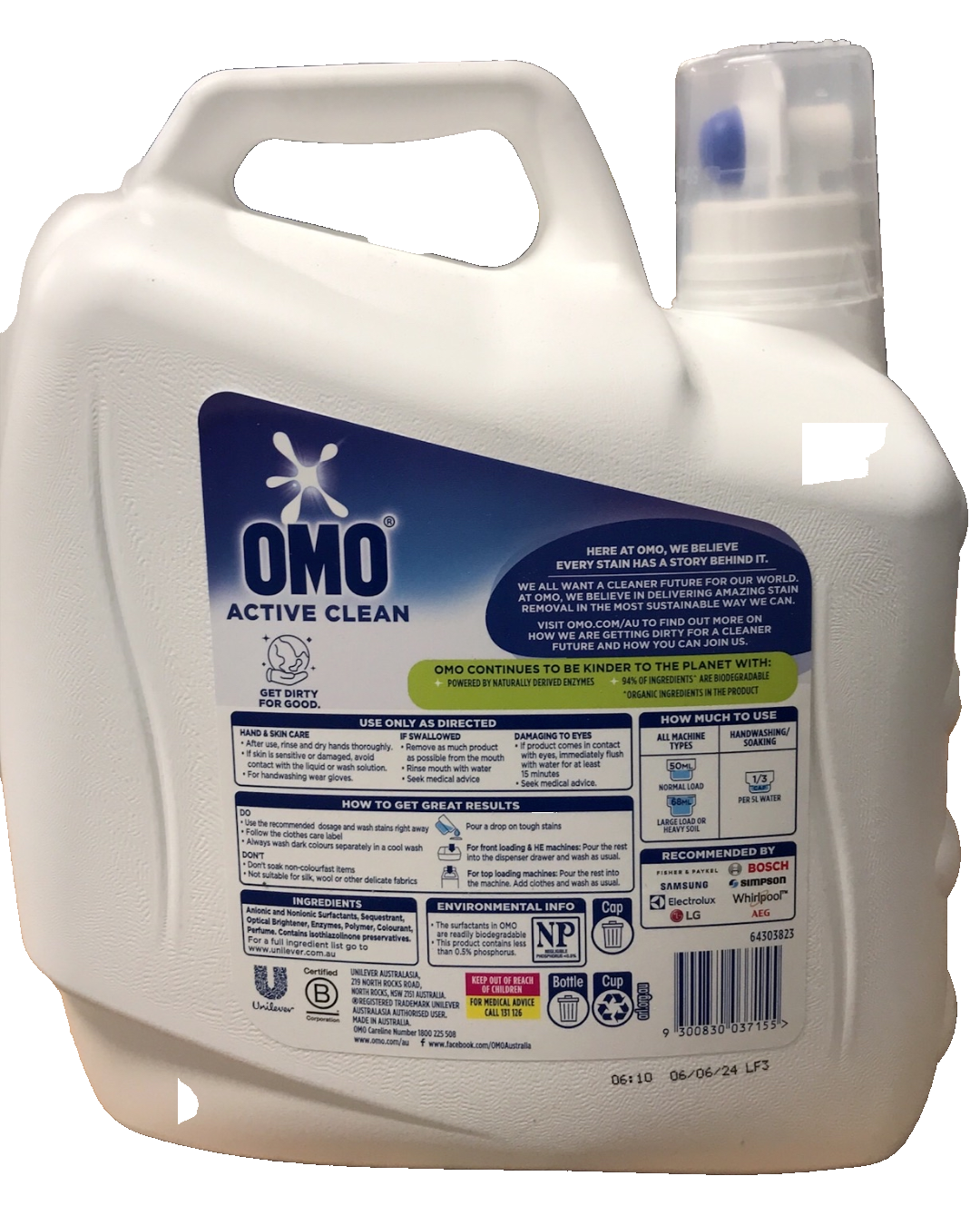 OMO Active Clean Laundry Liquid Detergent Front Top Loader Washing Machine 6L