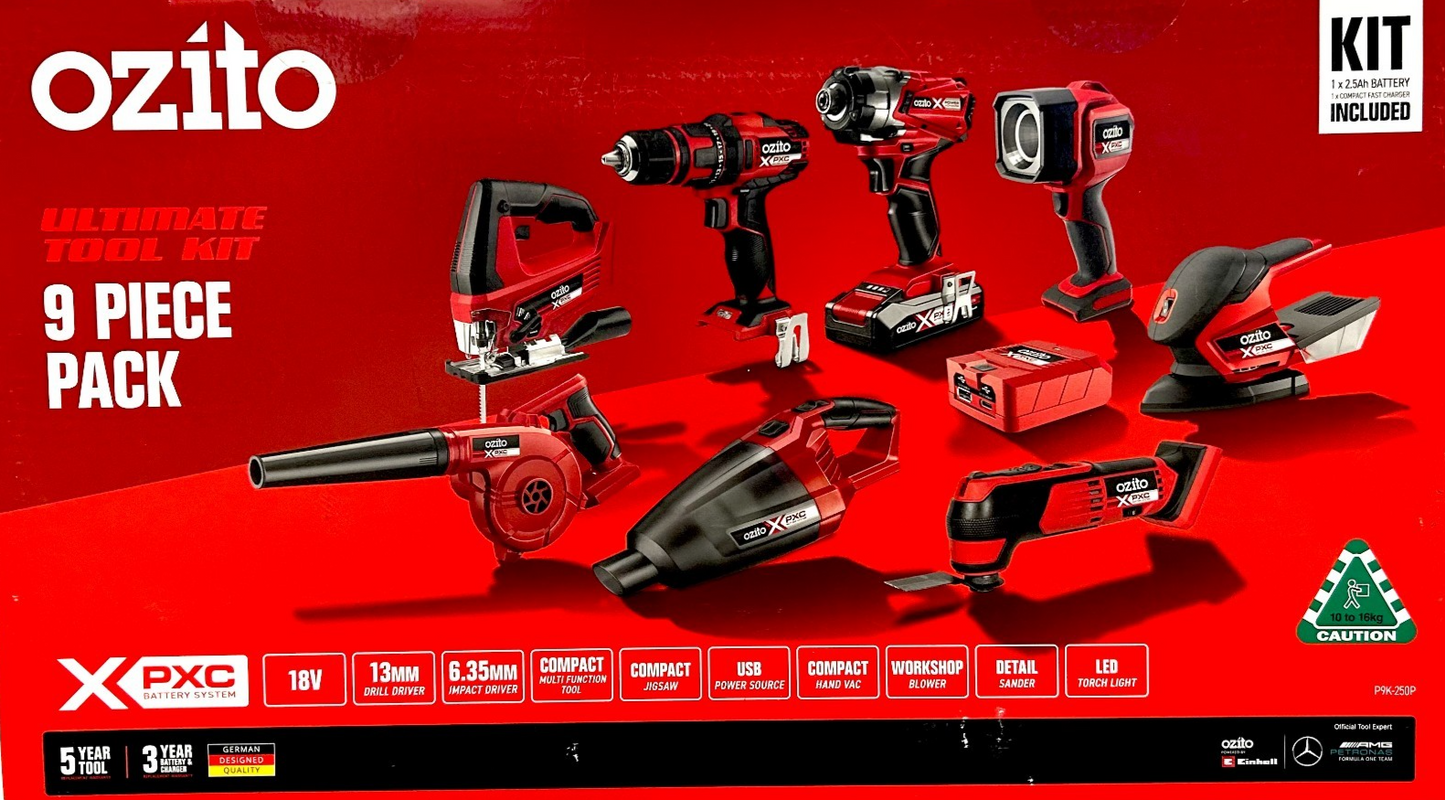 Ozito PXC 18V 9 Piece Set Cordless Ulitimate Tool Kit with Charger P9K-250P
