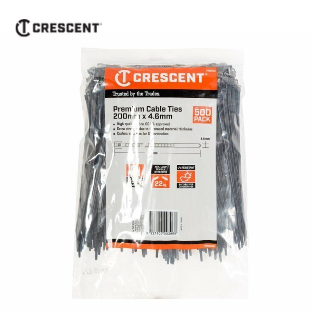 Crescent Cable Ties 200 x 4.6mm Black Nylon Wire Cables Organiser Bulk 500 Pack