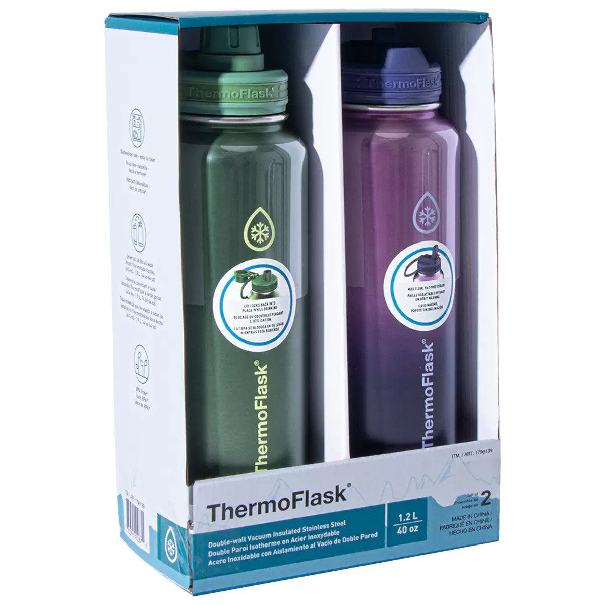 2x ThermoFlask Insulated Water Bottle Stainless Steel Double Wall Vacuum 1.2L
