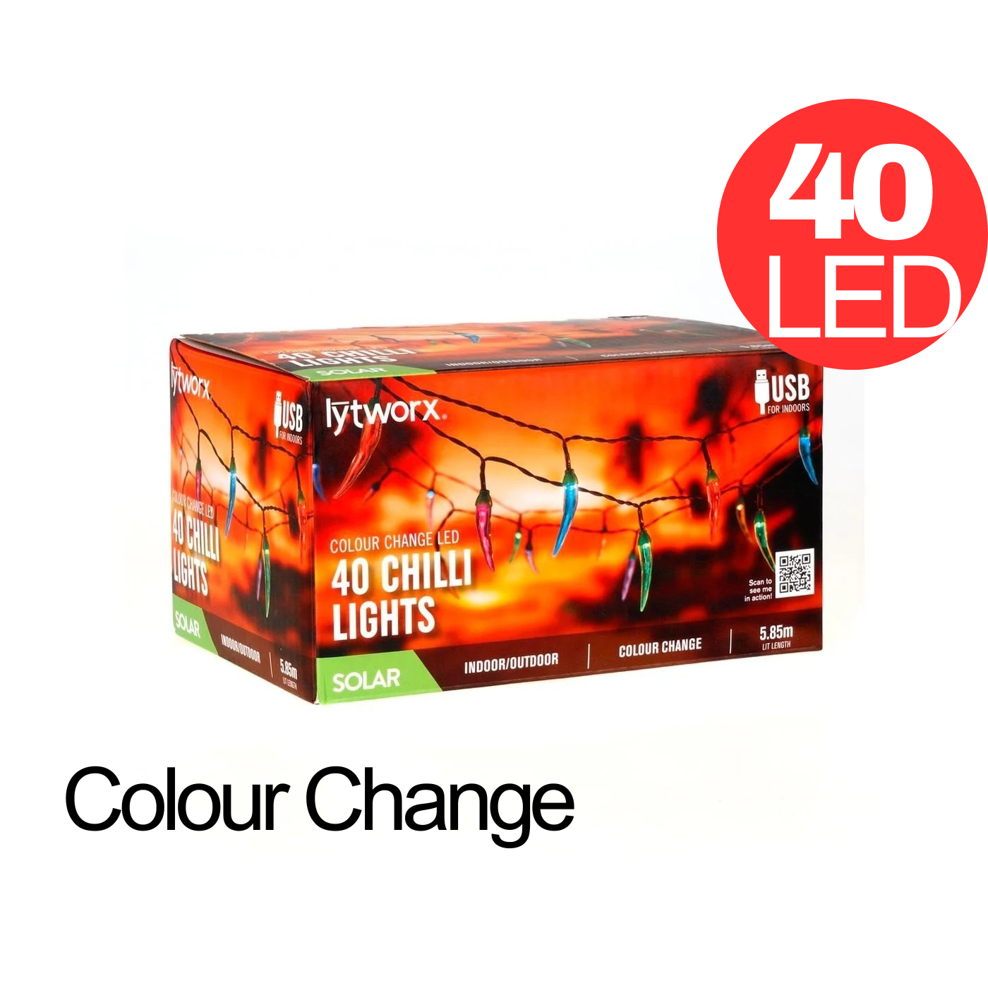 Lytworx Colour Change Chilli Lights Solar USB 40 LED Xmas Hanging Decoration