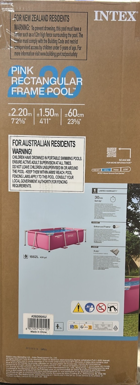 Intex Rectangular Pink Frame Above Ground Swimming Pool Outdoor Garden 2.2x1.5m