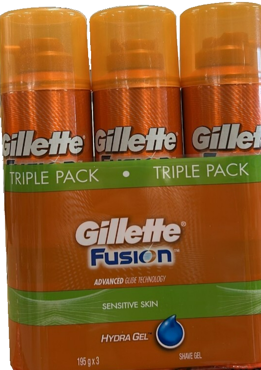 3 x Gillette Fusion Shaver Gel Hydra Sensitive Skin  Mens Shaving 195g