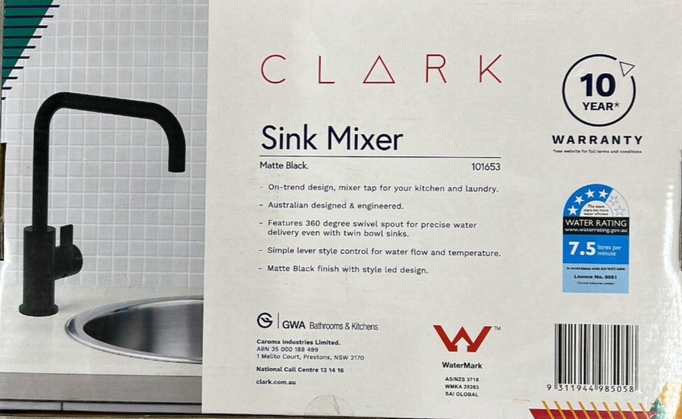 Caroma Clark Blade Sink Basin Mixer Matte Round Swivel Spout Outlet WELS