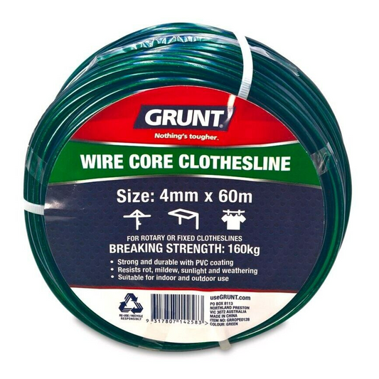 GRUNT  4mm x 60m Clothesline Wire Green Core Strong Laundry Rope
