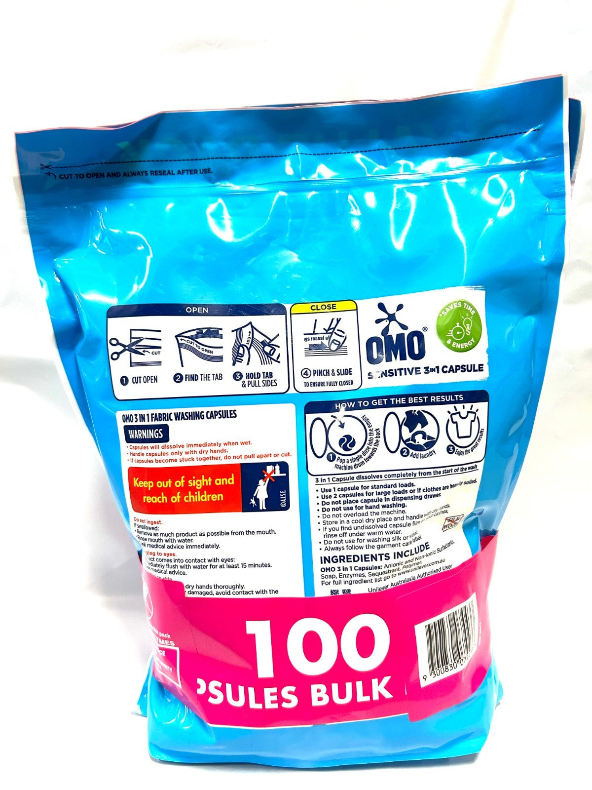 OMO Sensitive 3 in 1 Laundry Washing Capsules Detergent Gentle 100 Pack Bulk