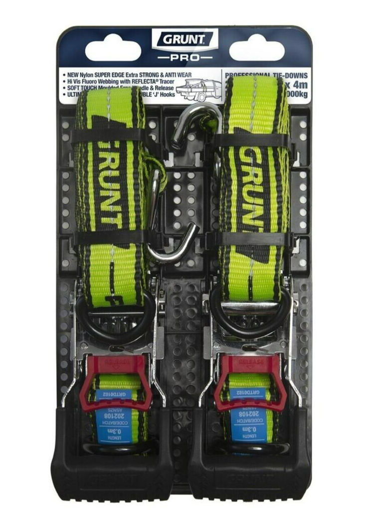 2x Grunt Pro Ratchet Tie Down Straps 38mm x 4m RetractableTralier Truck Strap