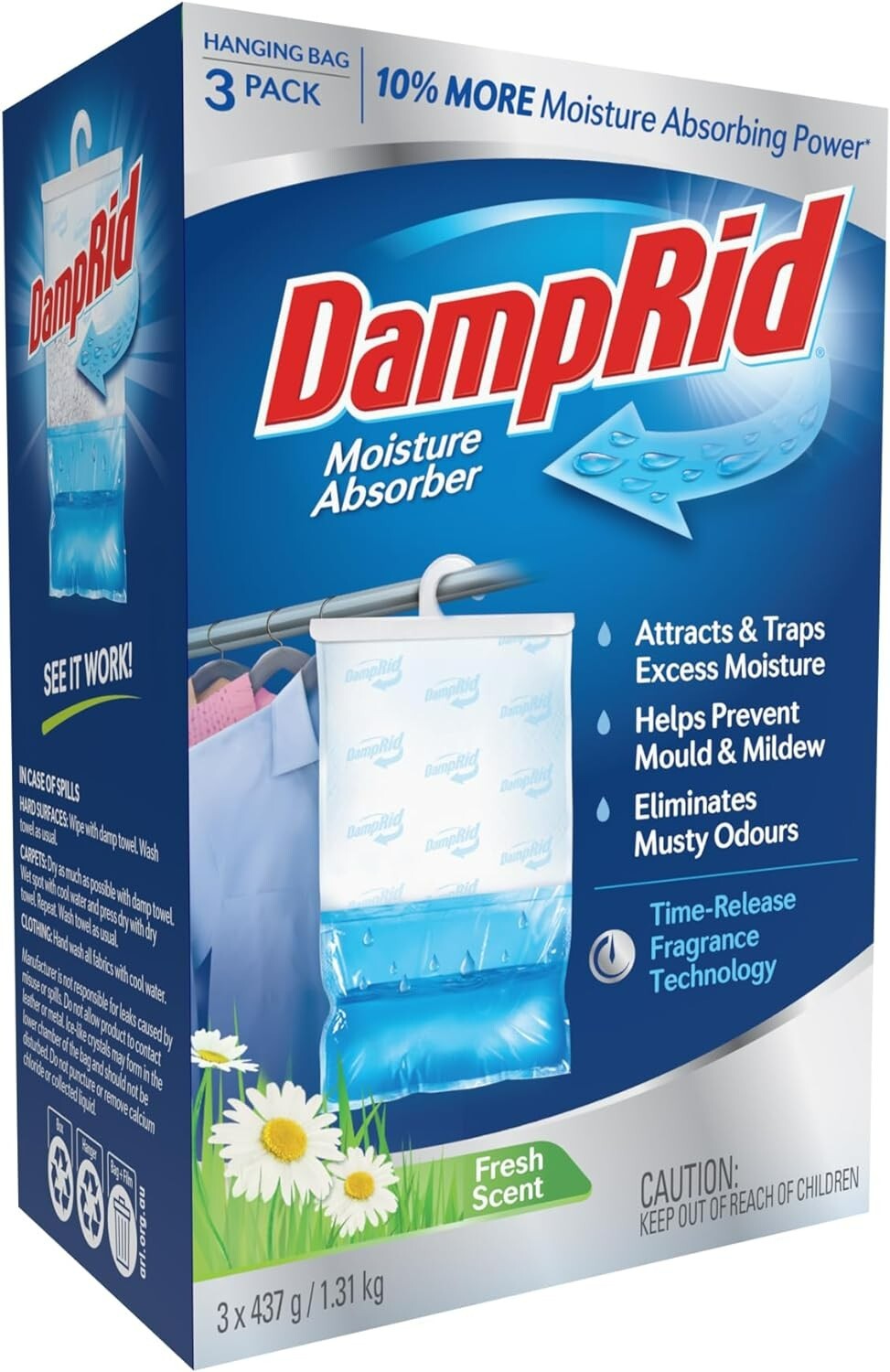 DampRid Hanging Moisture Absorber Bag  Fresh Scent Odour Eliminator 3 x 437g