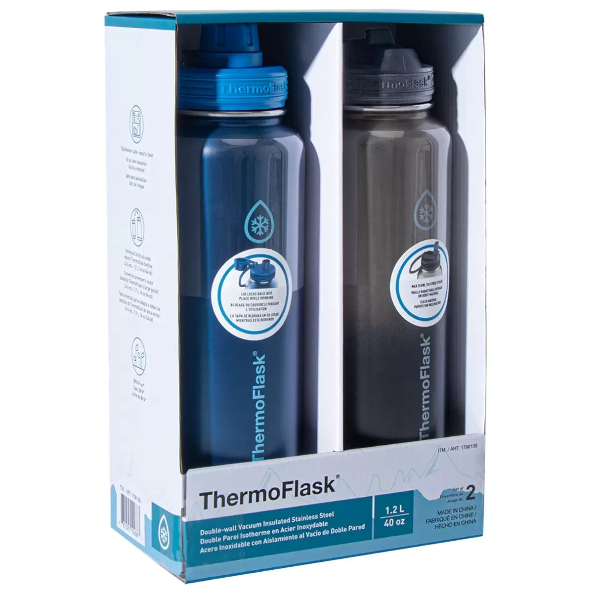 2x ThermoFlask Insulated Water Bottle Stainless Steel Double Wall Vacuum 1.2L