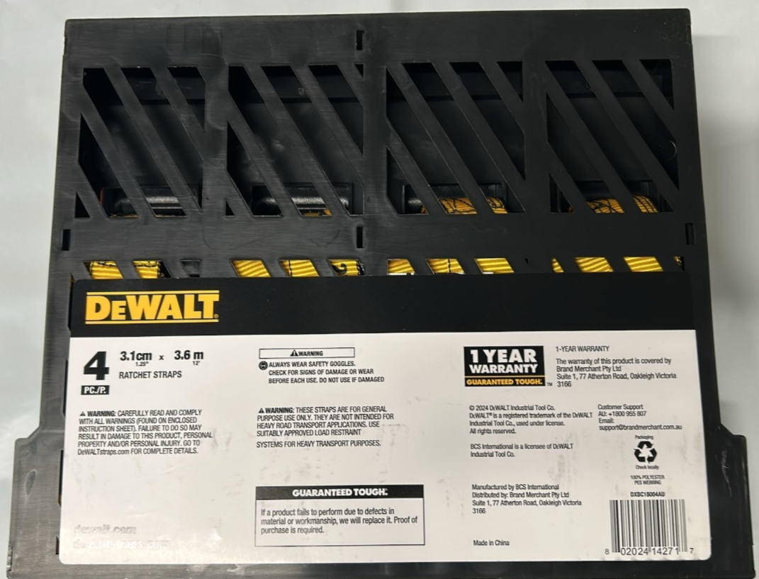 DeWALT Ratchet Tie Down Straps 31mm x 3.6m Break Strength 816kg 4 Pack