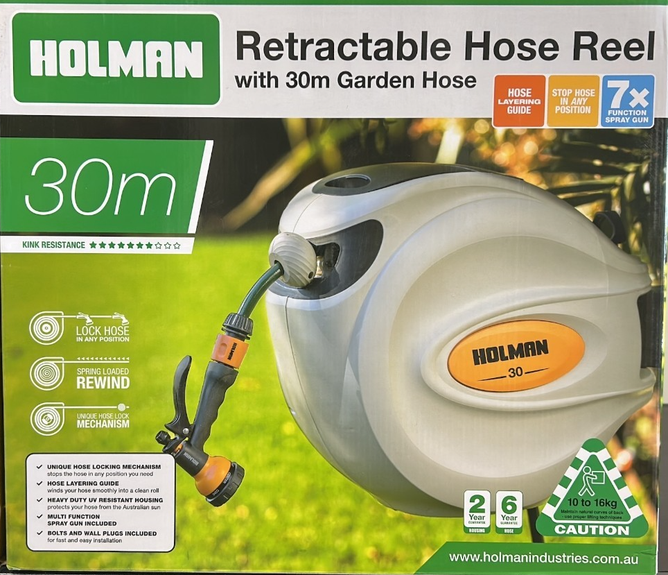 Holman 30m Hose Reel Retractable Spray Gun Auto Rewind Garden Carwash Wall Mount
