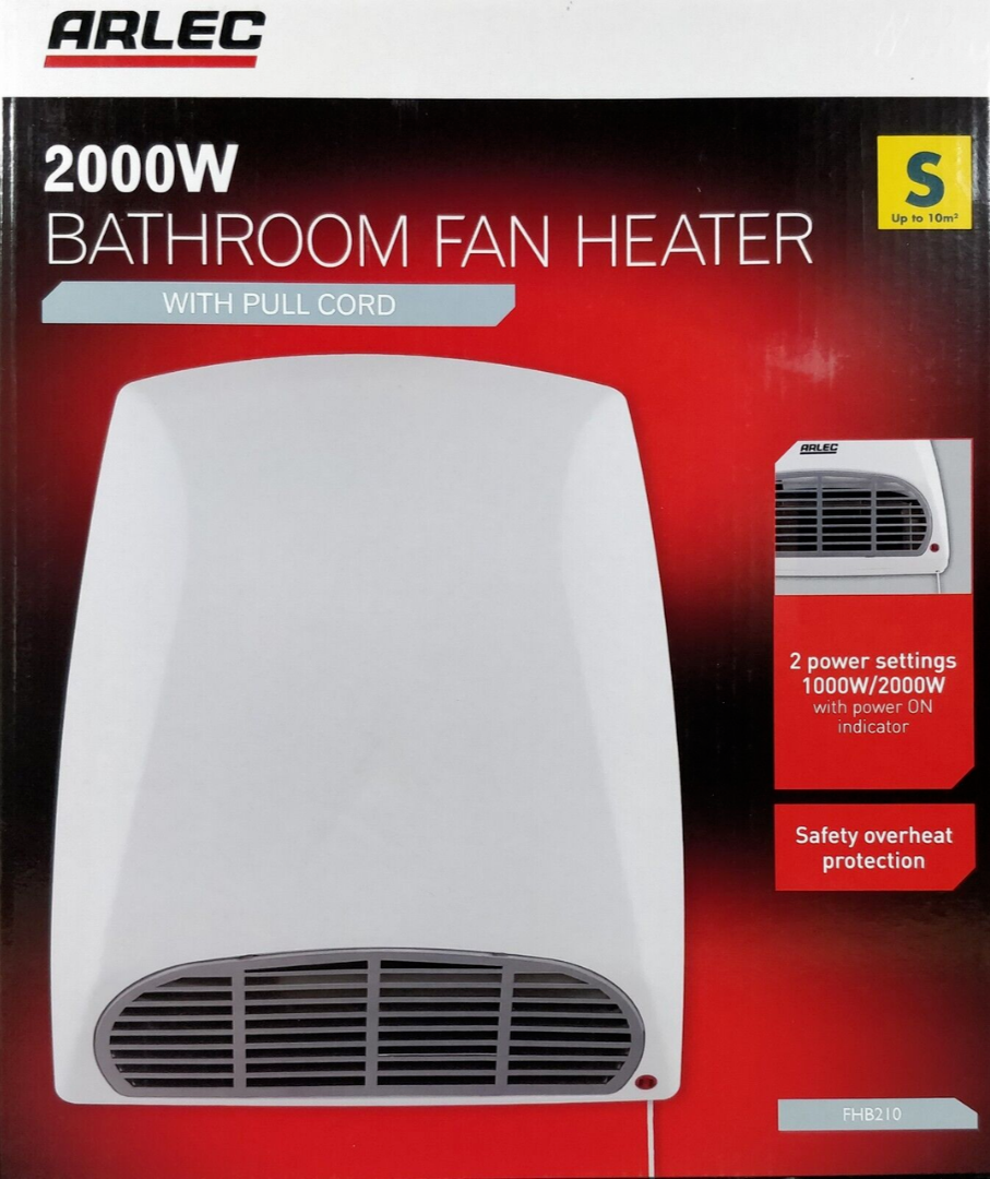 Arlec Bathroom Wall Mounted Fan Heater 2000W with Pull Cord 2 Heat Settings