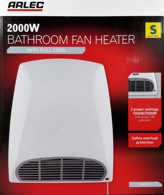 Arlec Bathroom Wall Mounted Fan Heater 2000W with Pull Cord 2 Heat Settings