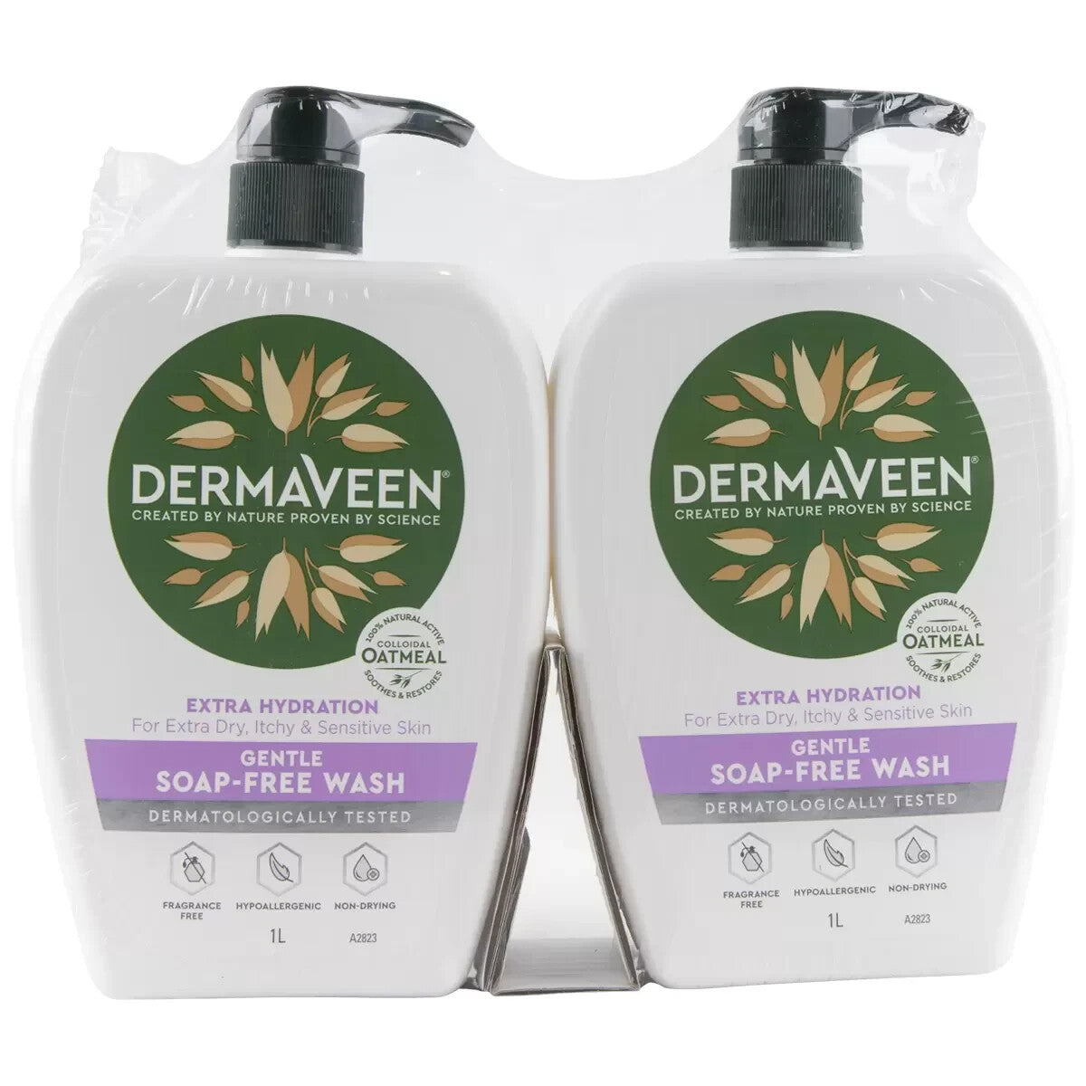 2 Pack DermaVeen Extra Gentle Soap Free Wash Face Body Shower Gel Cleanser 2x 1L