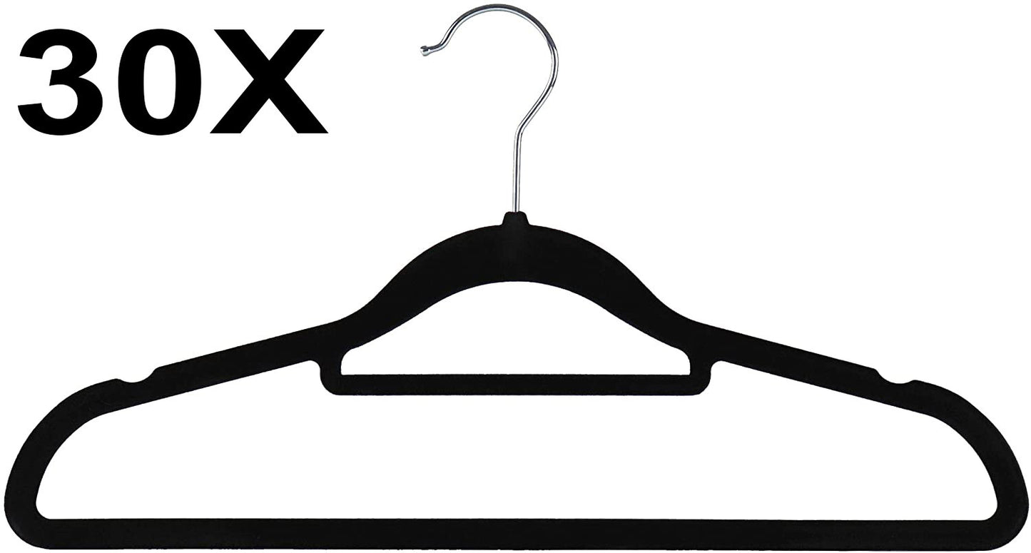 30x Flocked Velvet Cloth Hangers Coat Nonslip Coat Hanger Slim Non Slip Black
