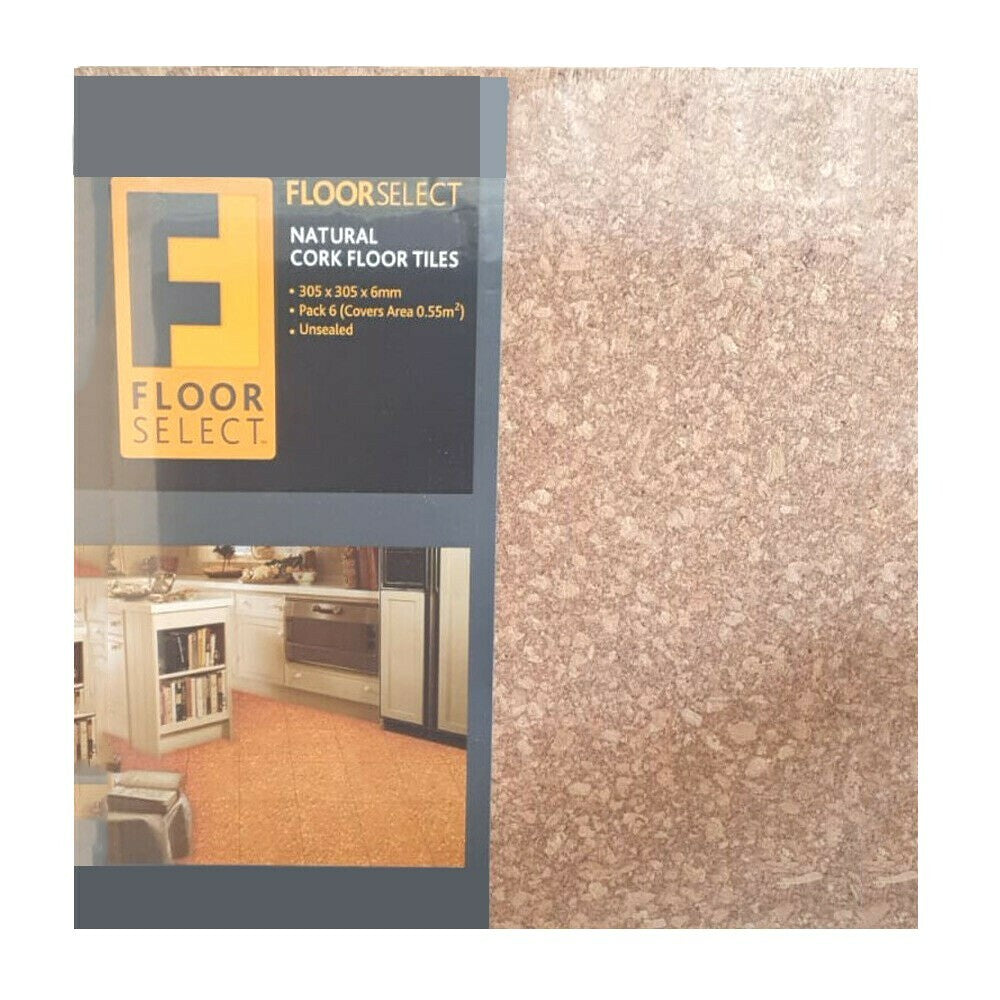 Natural Cork Tile 6 Pack Floor Select Tiles Flooring Decoration 305 X 305 X 6mm