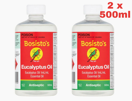 2x Bosisto's Eucalyptus Oil 500ml Aromatherapy Natural Muscular Pain Remedies
