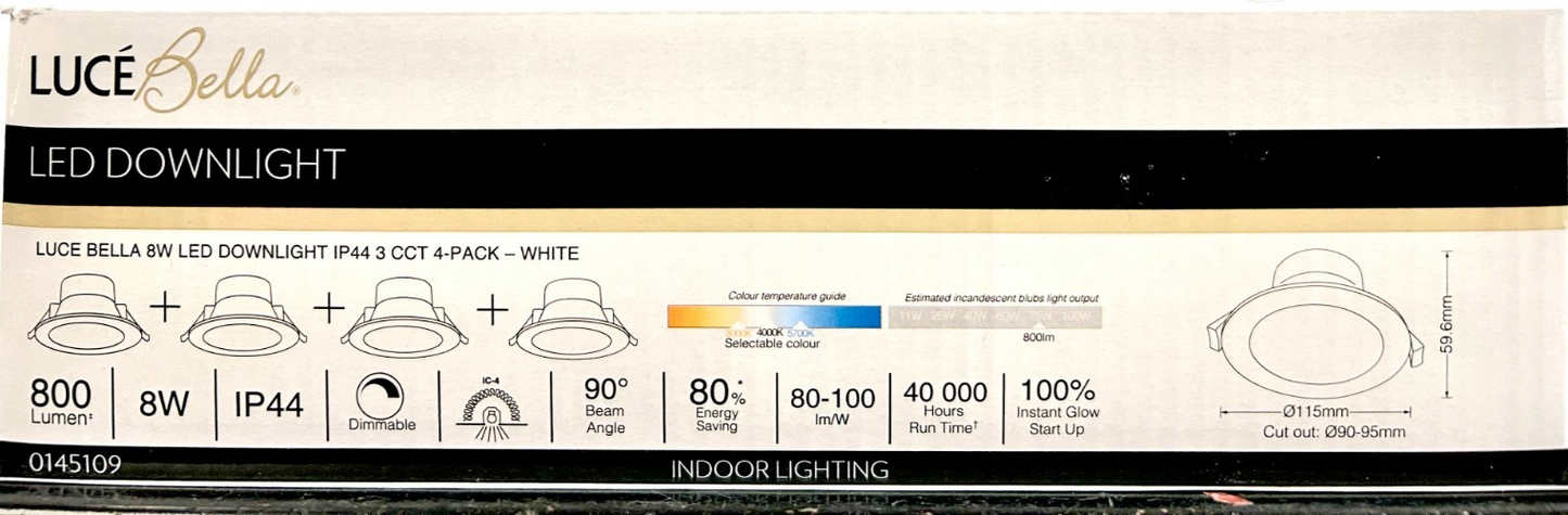 Luce Bella 8W LED Downlight 800 Lumen IP44 Cool White Tri-CCT 4 Pack