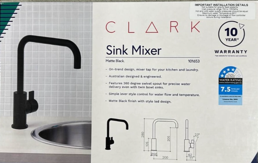 Caroma Clark Blade Sink Basin Mixer Matte Round Swivel Spout Outlet WELS