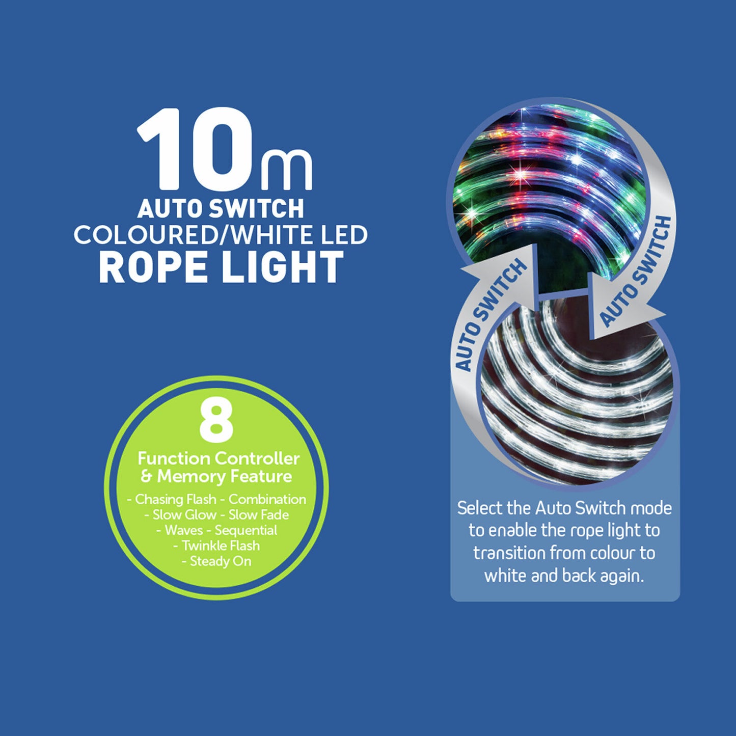 Arlec Auto Switch Rope Light Solar Outdoor Xmas Multicolour Cool White Led 10m