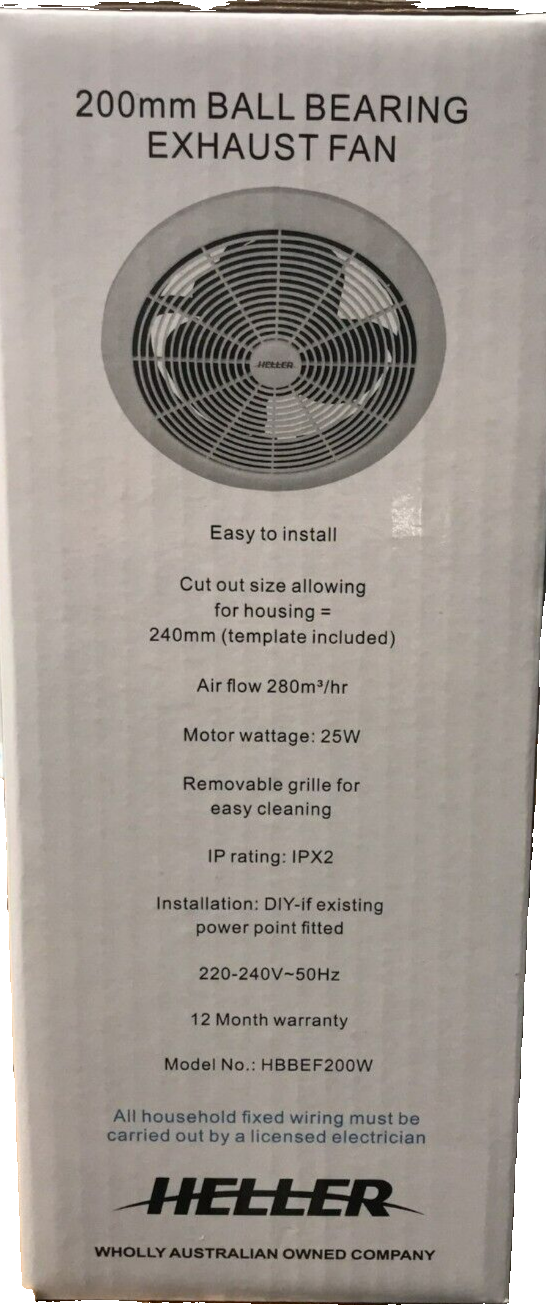 Heller Exhaust Fan 200mm Ball Bearing Bathroom Kitchen Wall Ceiling Heat Vent
