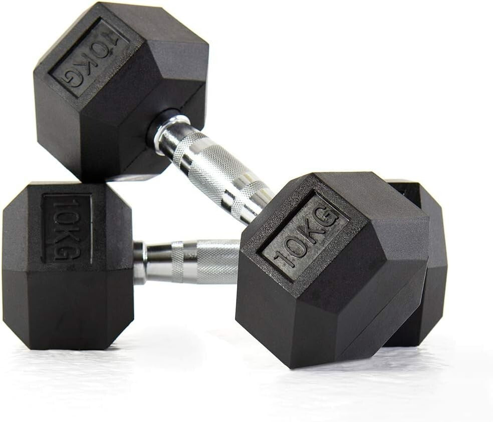 10KG Rubber Hex Dumbbell Fitness Home Gym Exercise Strength Weight Set Pair