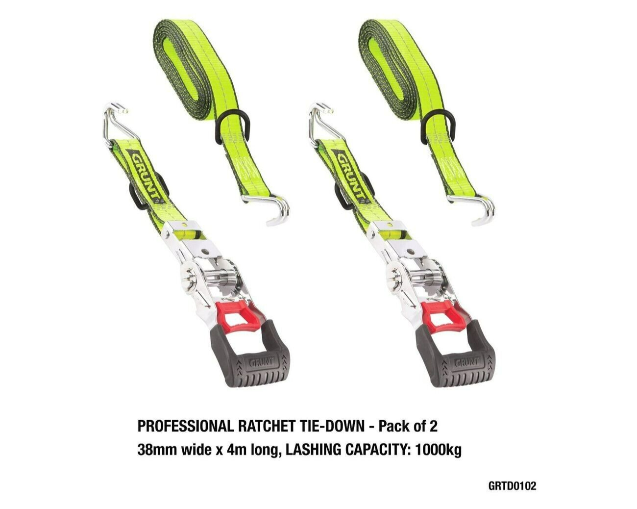 2x Grunt Pro Ratchet Tie Down Straps 38mm x 4m RetractableTralier Truck Strap