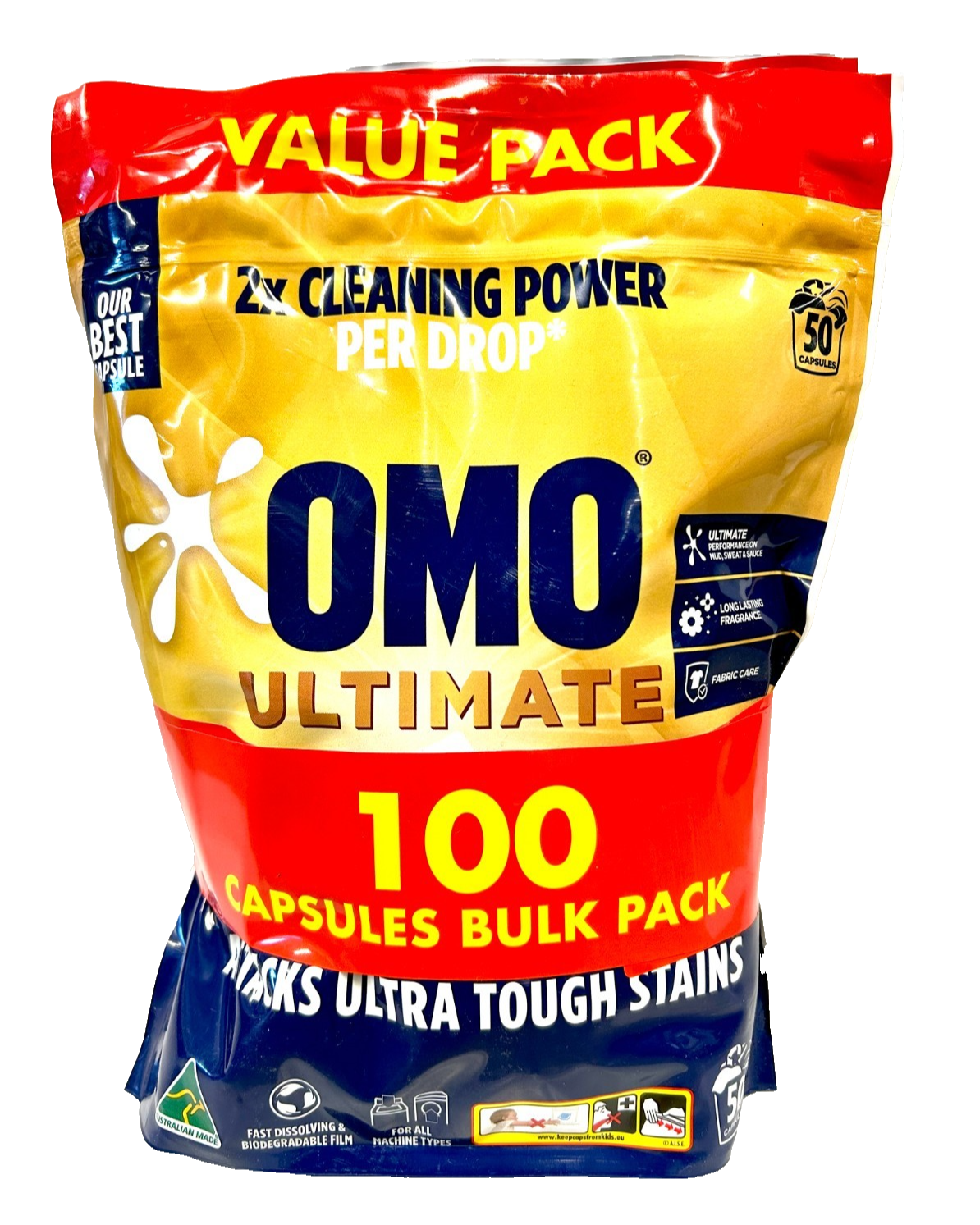 OMO Ultimate 3 in 1 Laundry Capsules Detergent Stain Remover 100 Pack Bulk