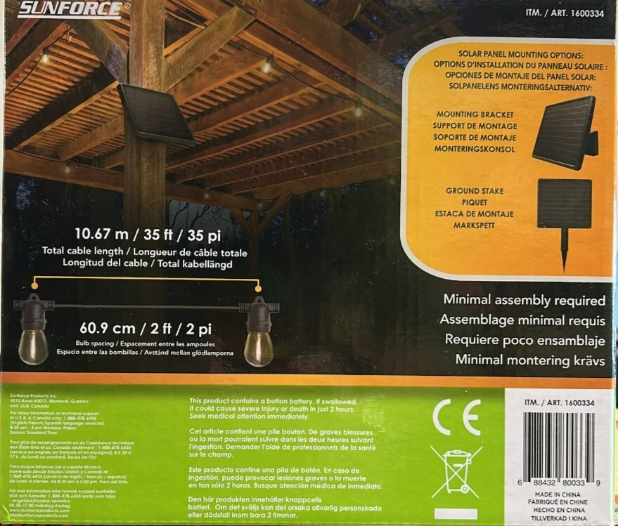 Sunforce 15 LED Solar String Lights Powered Outdoor Waterproof w/ Remote 10.67M