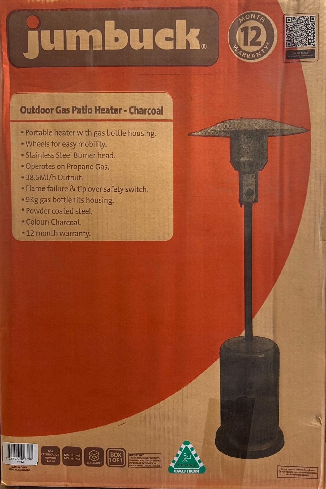 Jumbuck Gas Patio Heater Outdoor Stand Steel Powder Coated Charcoal Grey