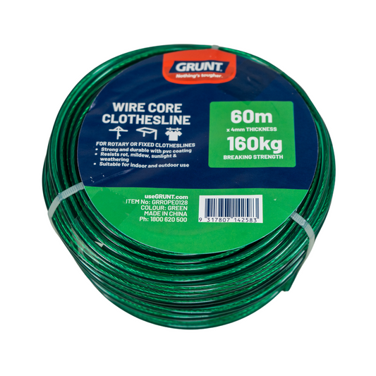GRUNT  4mm x 60m Clothesline Wire Green Core Strong Laundry Rope