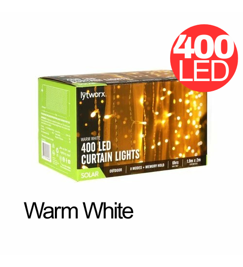 Lytworx Curtain Lights Warm White Solar Powered 400 LED Light Christmas Decor
