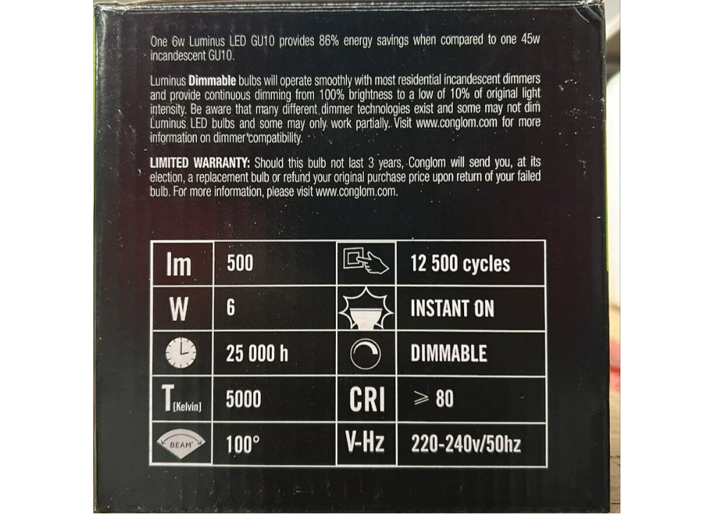 8x Luminus GU10 LED Downlight Bulbs – 6W Dimmable Daylight 5000K, 500LM