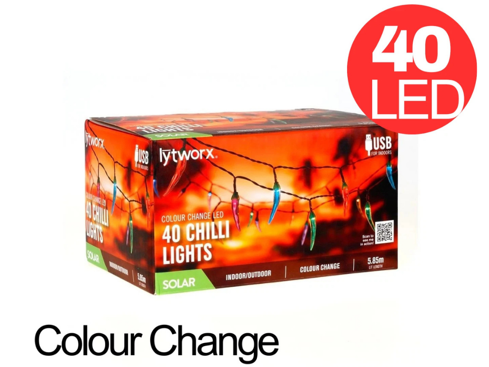 Lytworx 40-LED Colour-Changing Chilli Lights – Solar/USB