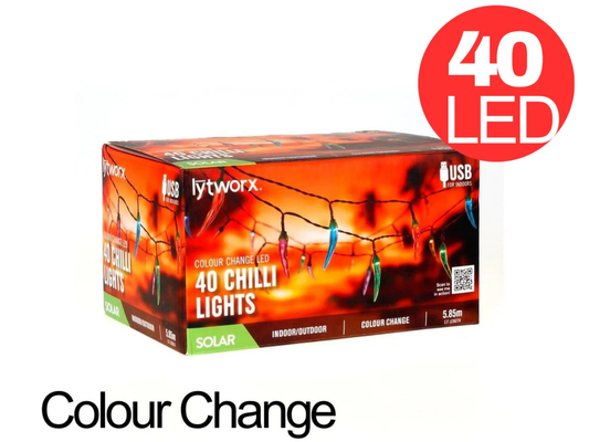Lytworx 40-LED Colour-Changing Chilli Lights – Solar/USB