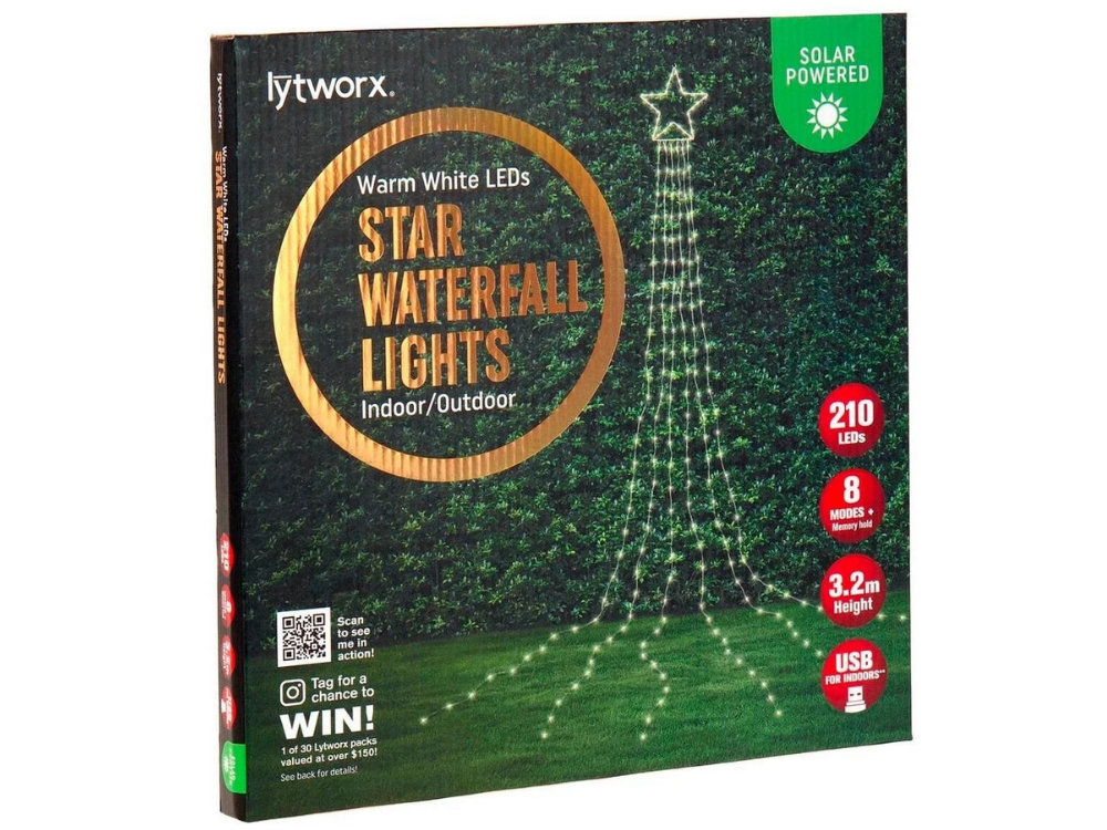 Lytworx Star Waterfall LED Lights – Solar/USB Warm White Christmas Tree Decor